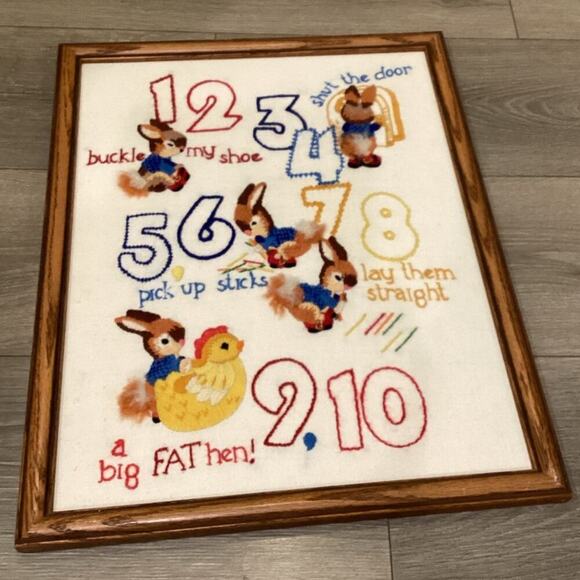 Vtg Cross stitch Picture Nursery Boys Girls Room Decor Retro Farmhouse Country - Picture 1 of 15